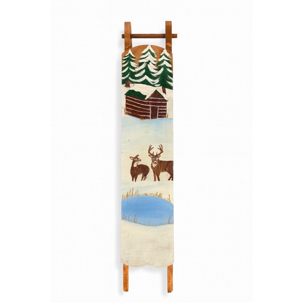 Wood Mini Sleigh Door Art Wall Decor Hand Painted Deer Cabin Snow Winter Wooden